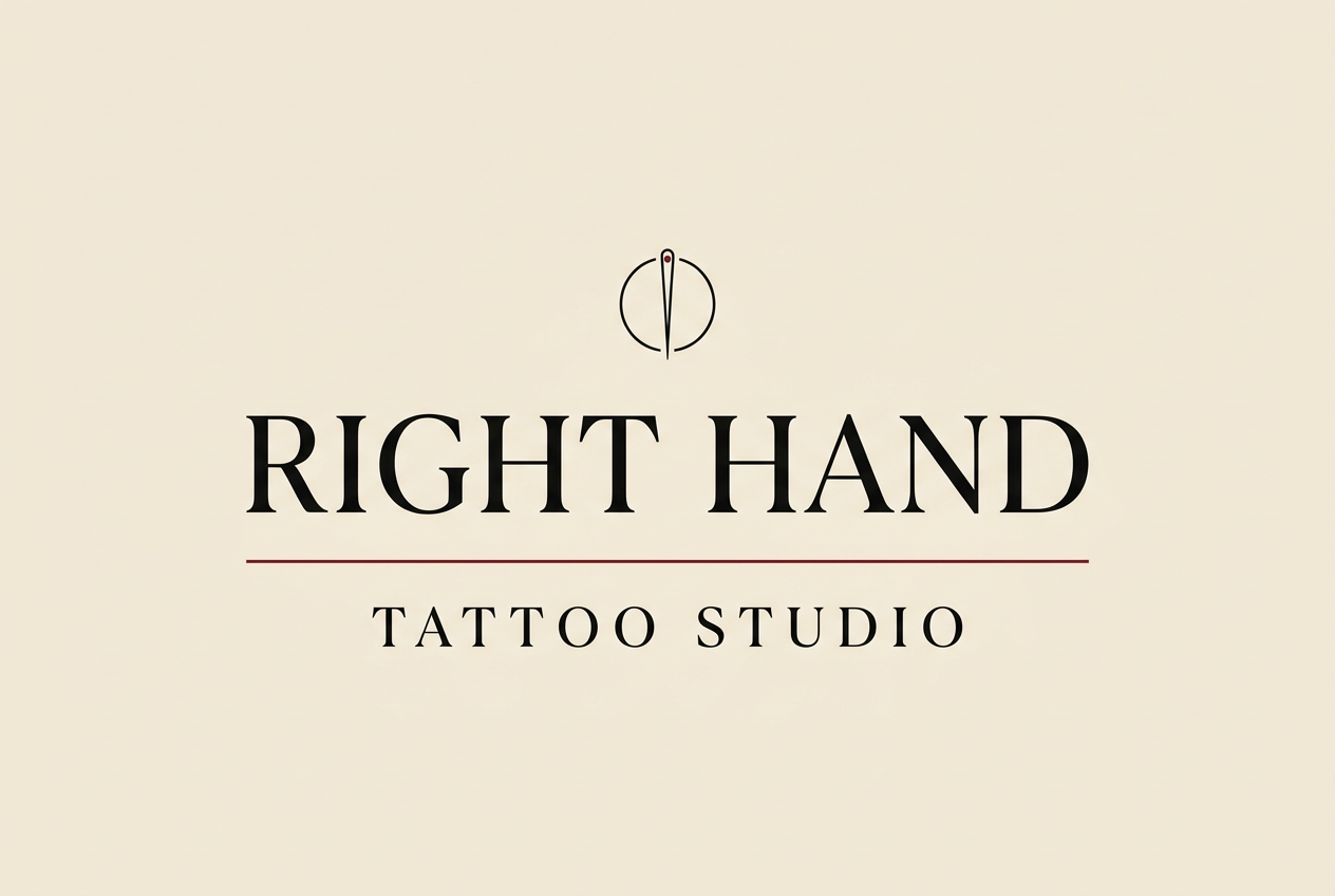 Right Hand Tattoo Studio — needle emblem with oxblood dot