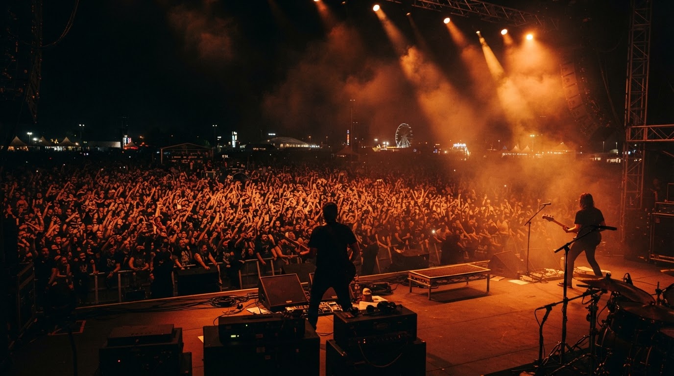 Festival crowd silhouetted against orange stage lights
