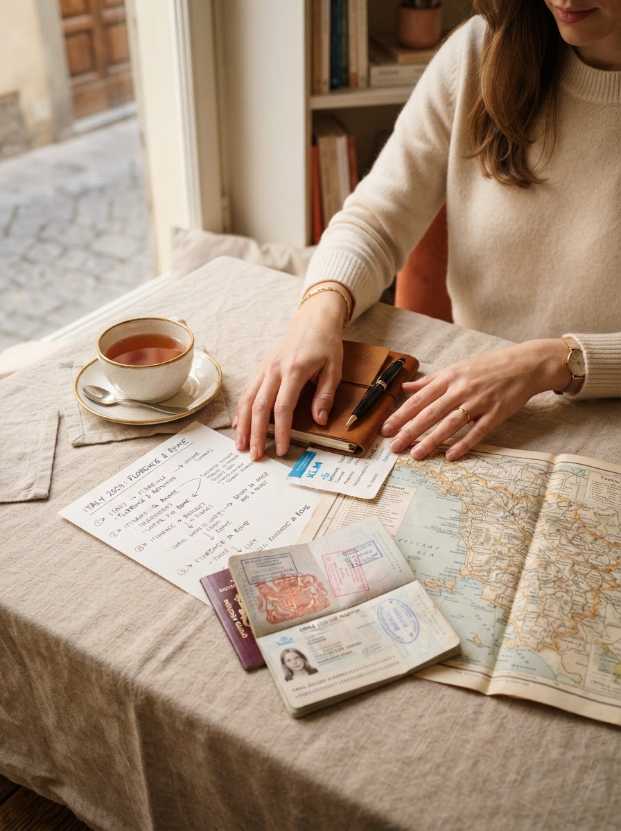 Manos preparando un itinerario de viaje sobre un mapa