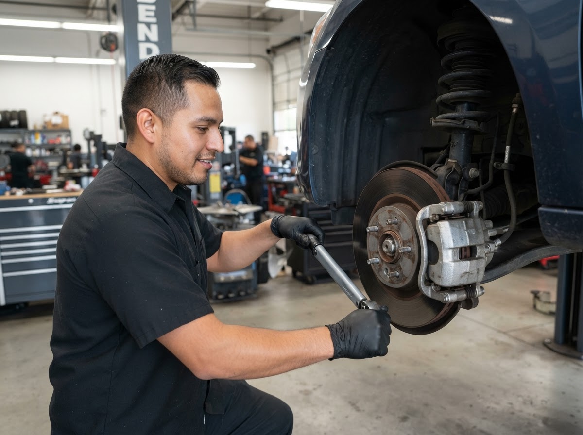 Técnico trabajando en los frenos de un carro