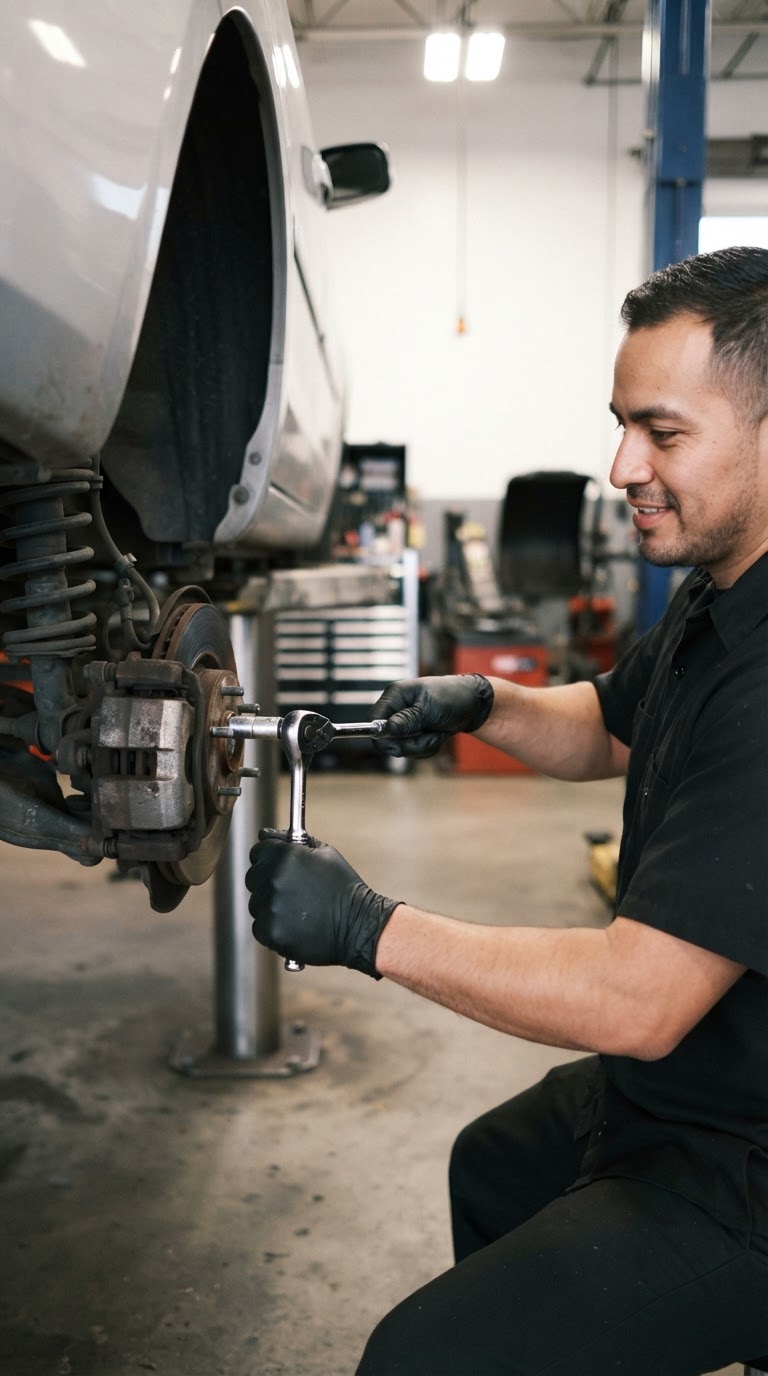 Técnico trabajando en los frenos de un carro