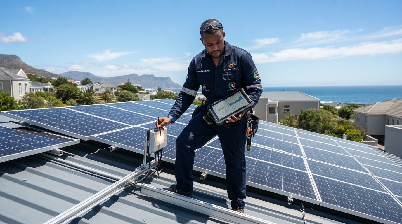 JJS Services solar specialist inspecting panels on a rooftop