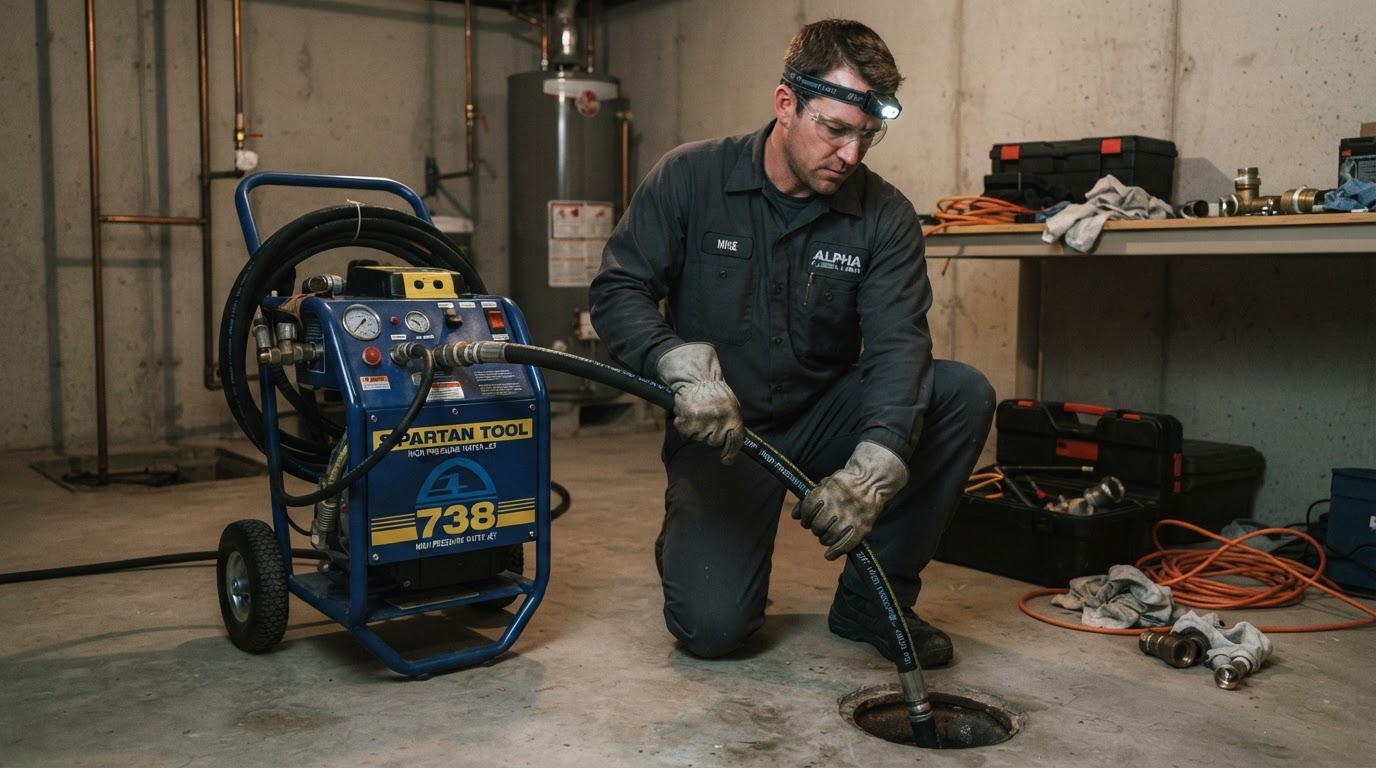 Professional plumber operating high-pressure hydro jetting equipment