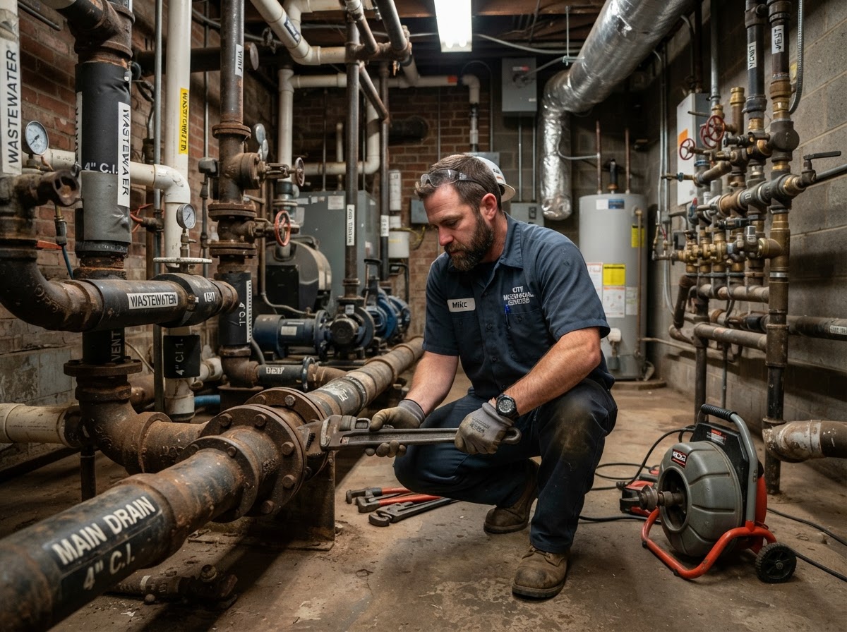 Commercial plumbing technician working on drain lines