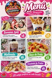 Menú de la Casa: Banana Split, Esquite, Malteada y Frutas