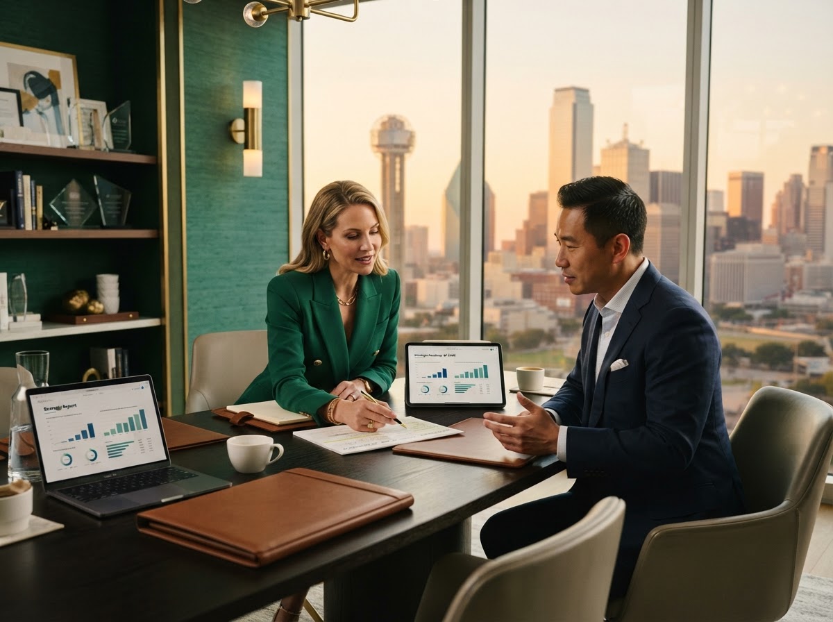 Steed Conveyance advisors reviewing business strategy in a modern Dallas office