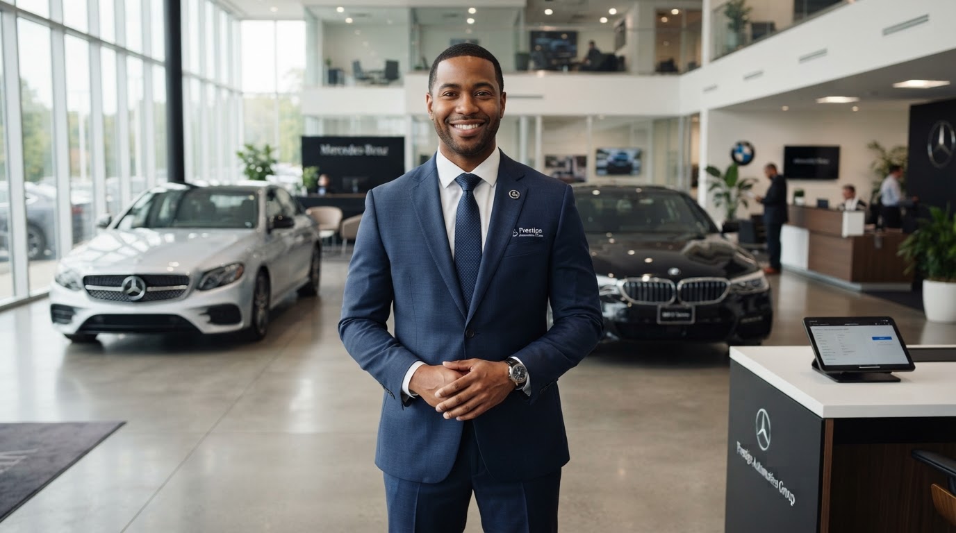 Ernest Rozier, automotive sales professional, in a modern dealership showroom