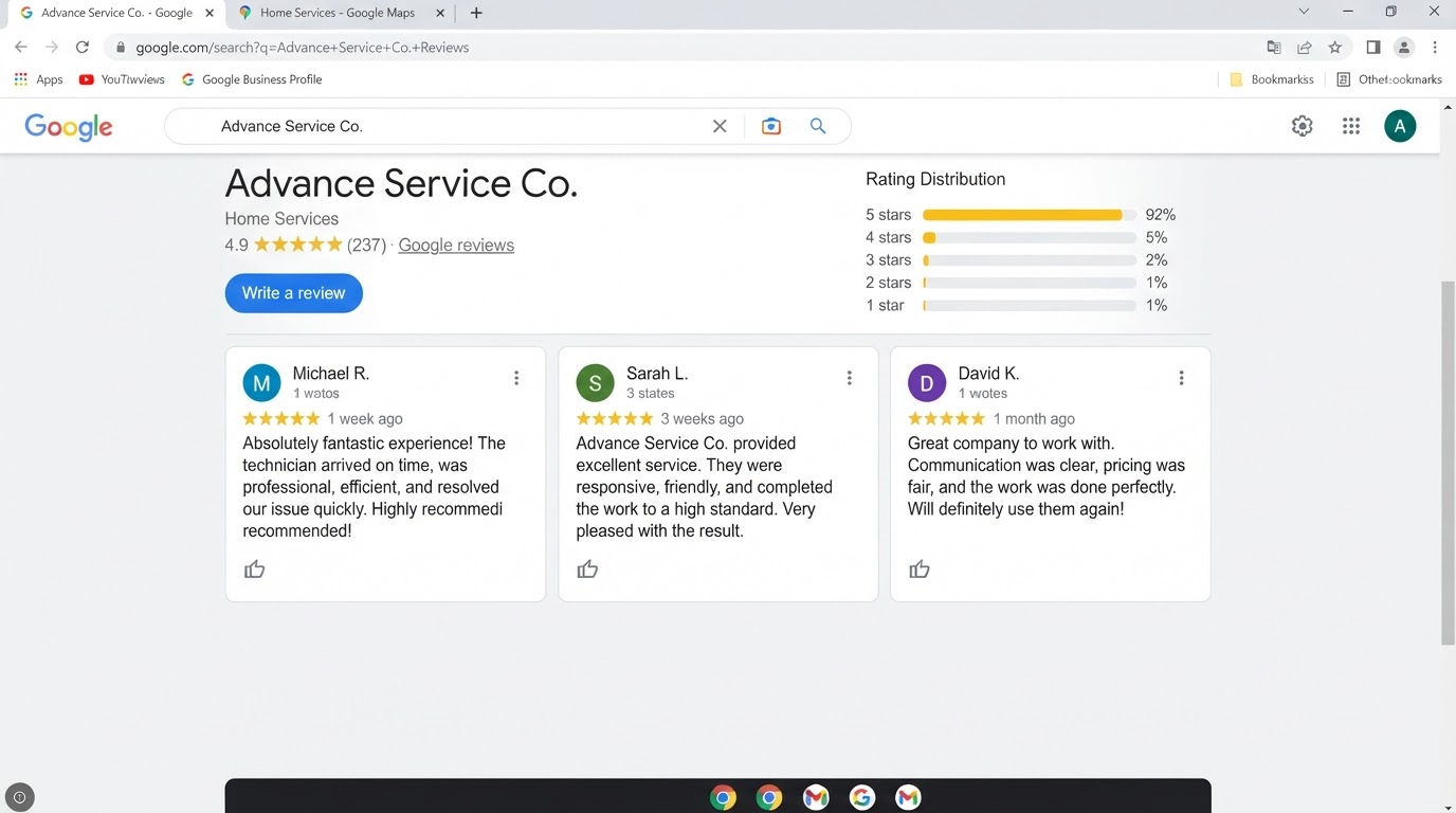 Example of a local business Google Business Profile collecting 5-star reviews for Advance Service Co., built by Advance Reviews