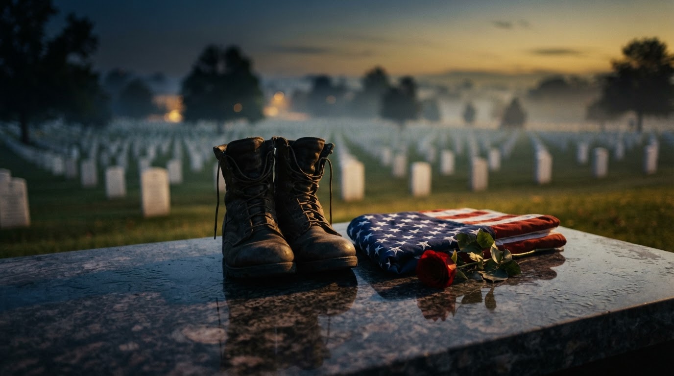 A memorial tribute with a folded American flag, combat boots, and a rose