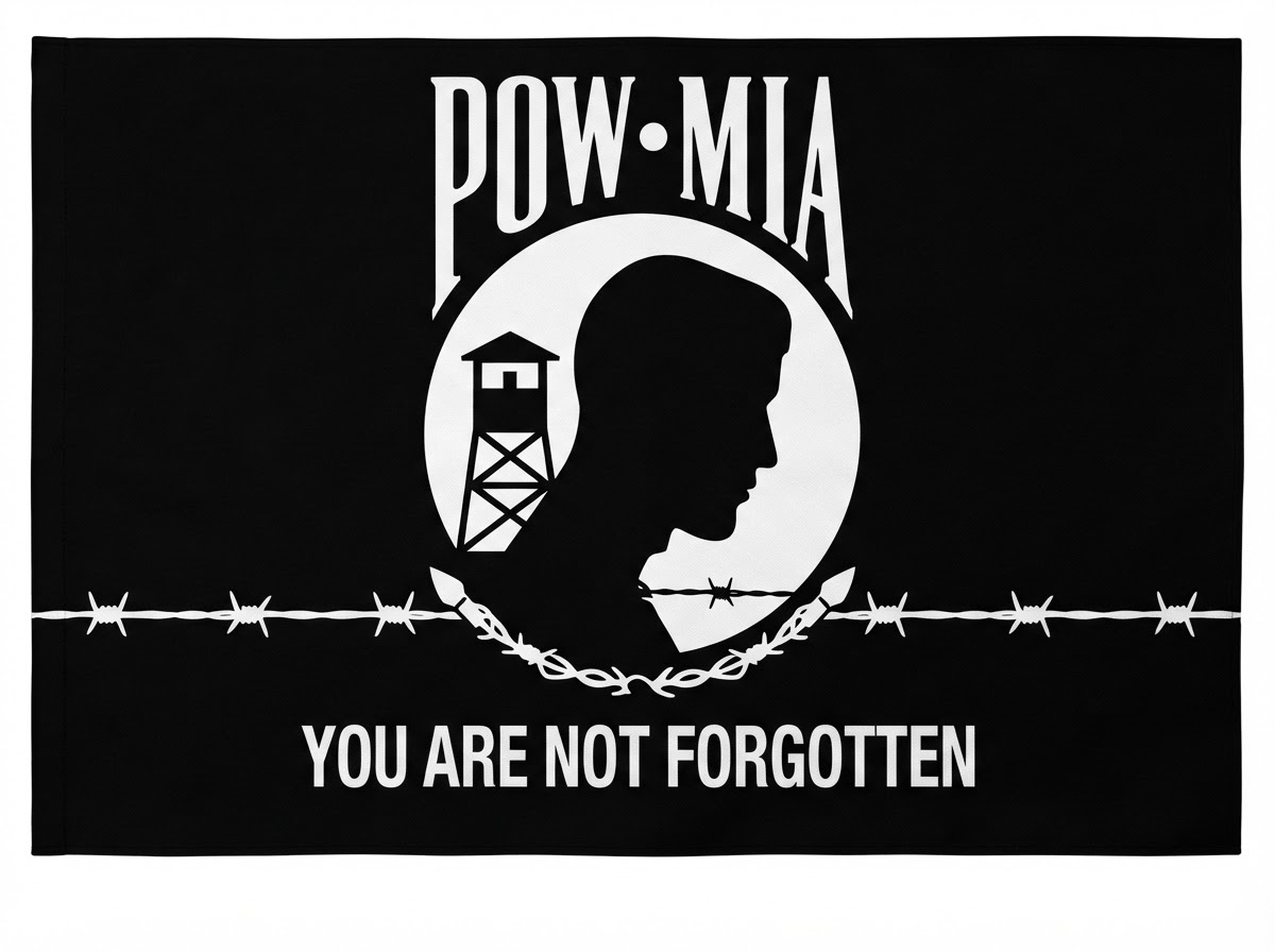 Official POW/MIA flag — black field with a white silhouette of a service member, a guard tower, barbed wire, and the words You Are Not Forgotten