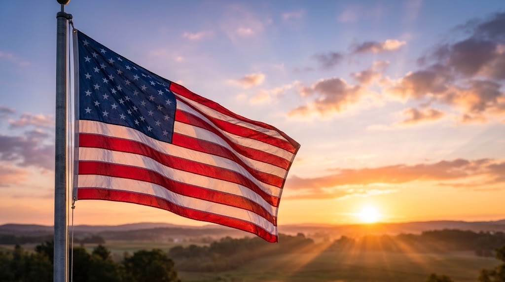 American flag waving in the sunrise wind