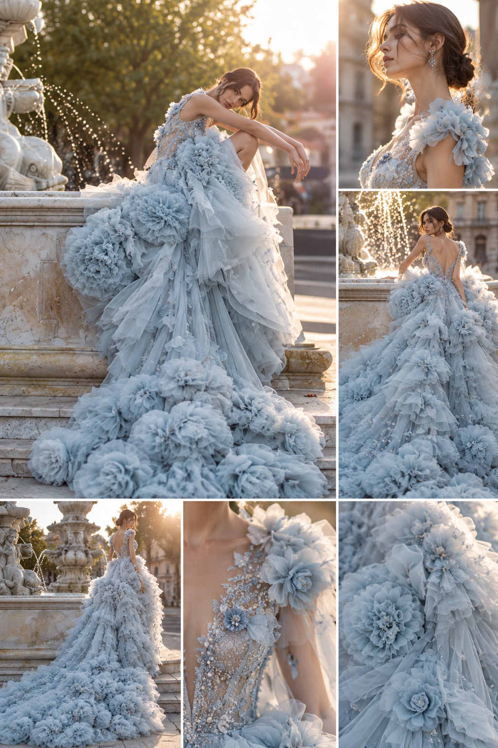 Blue floral couture gown editorial showing the full silhouette, embroidered bodice and layered floral detail