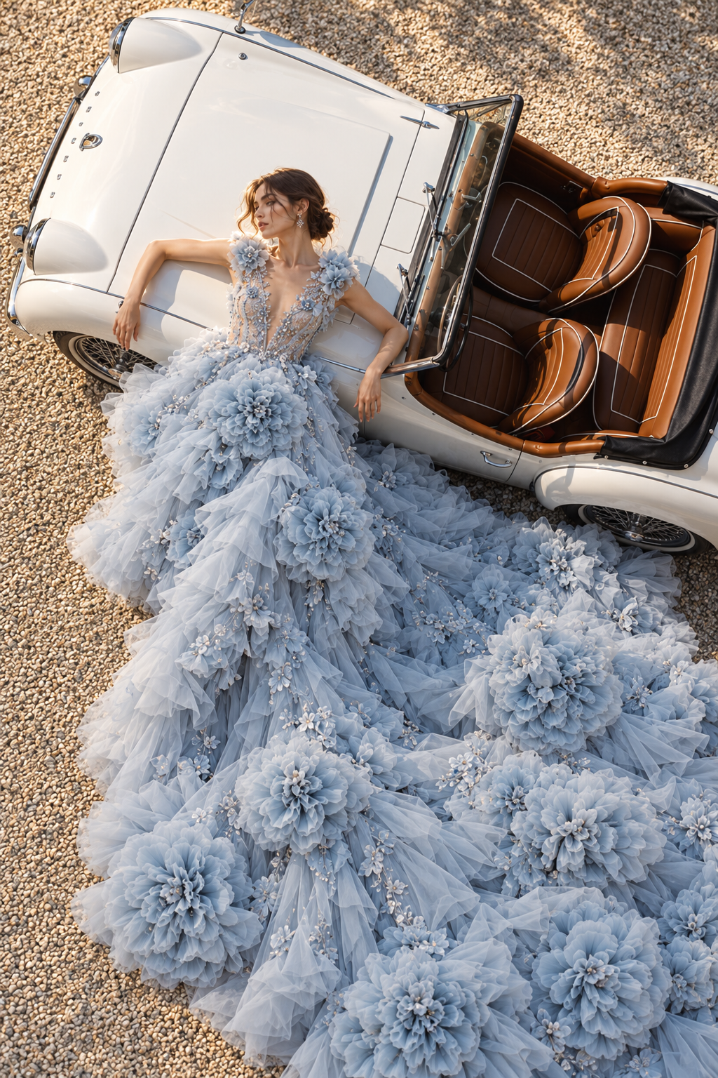 Powder-blue floral couture gown with a sweeping train beside a white vintage convertible