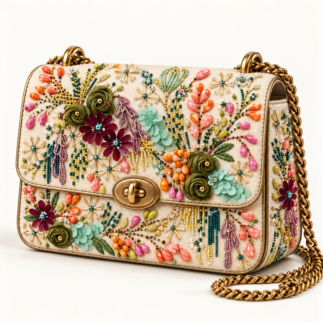 Cream structured bag with colourful botanical embroidery, beading and gold chain