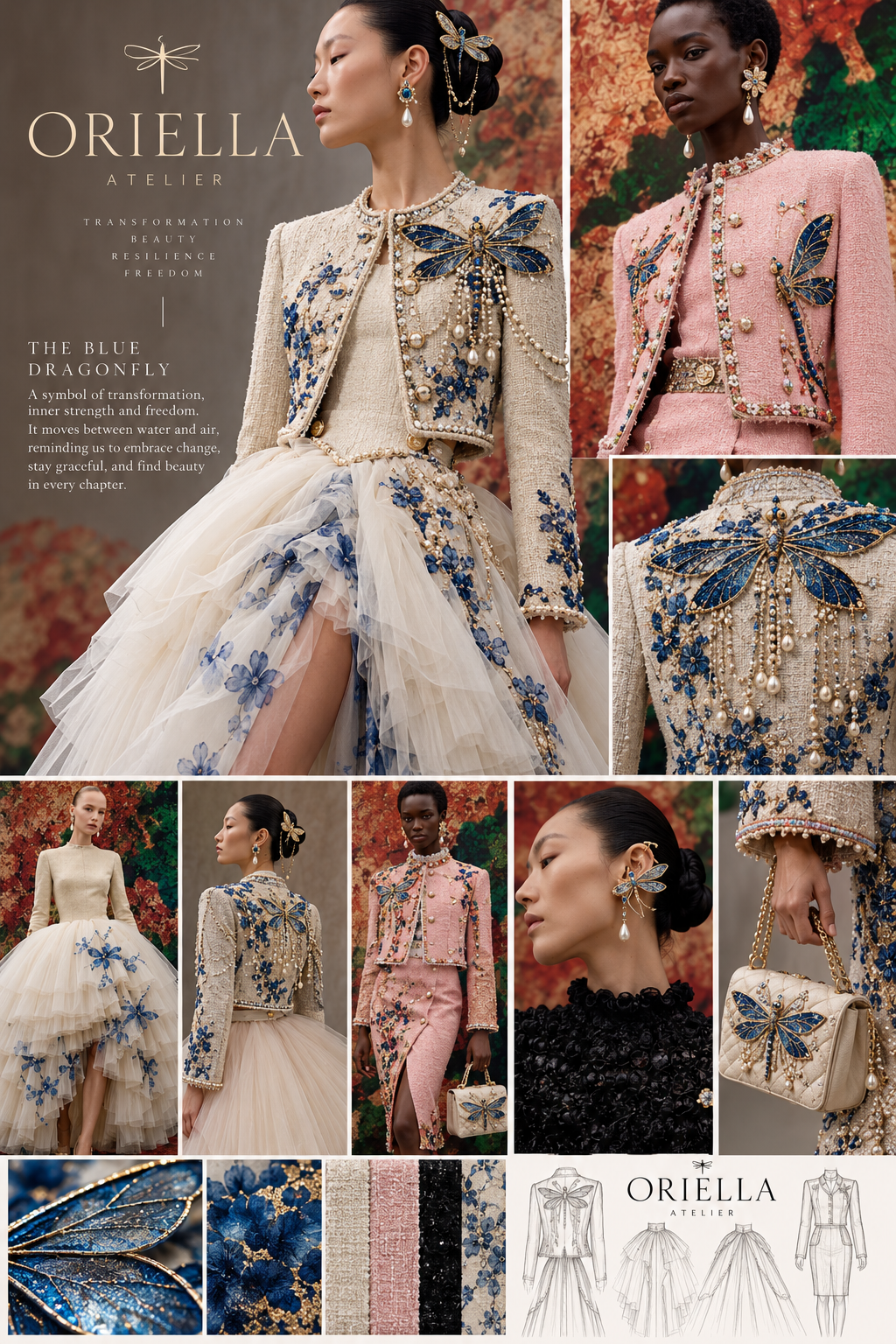 Oriella Atelier blue dragonfly collection concept board featuring ivory and pink embroidered outfits, jewellery, bags and design sketches