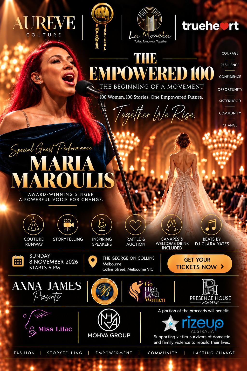The Empowered 100 event flyer, featuring Maria Maroulis, couture runway, storytelling, speakers, raffle and auction, DJ Clara Yates, and support for RizeUp Australia