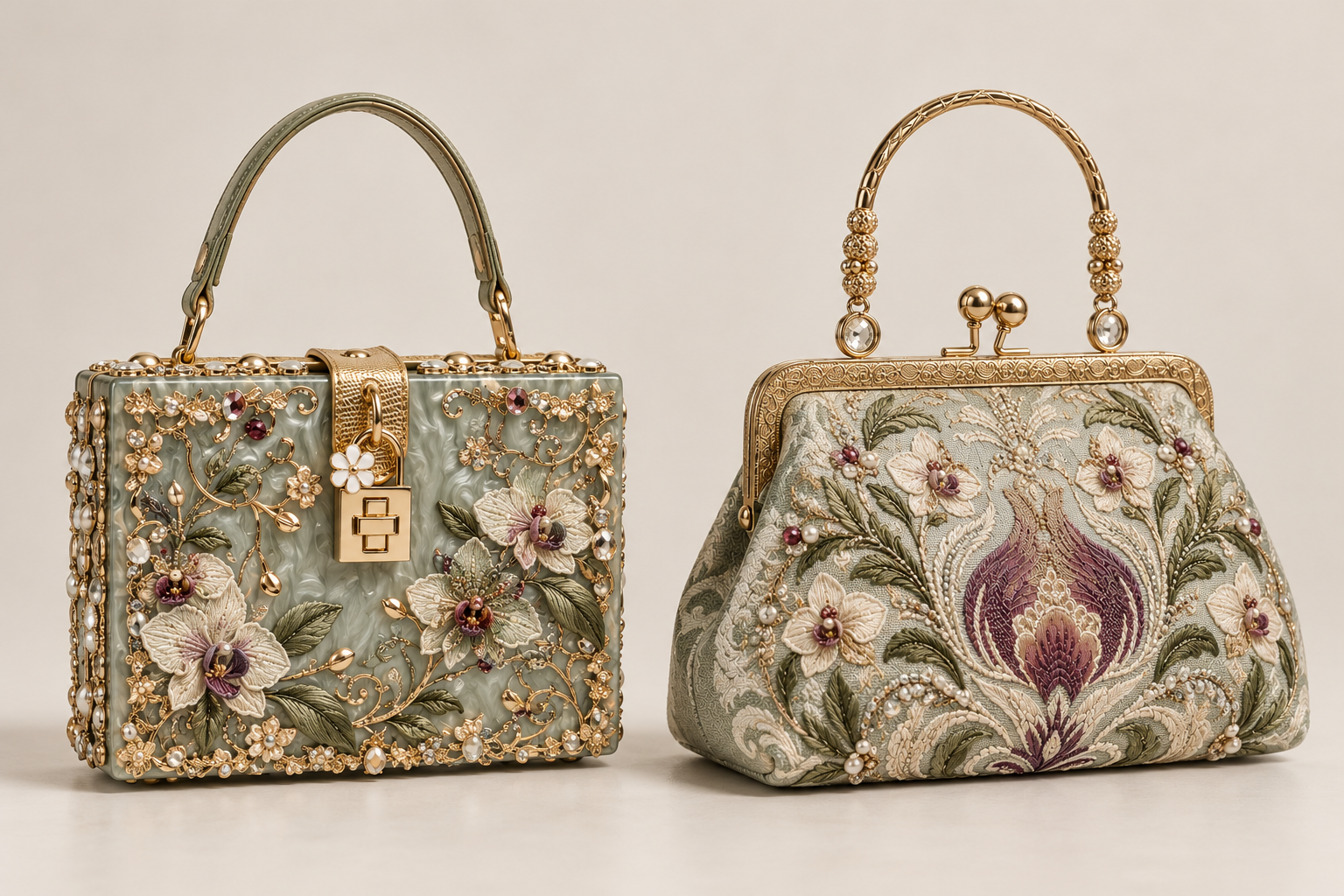 Two evening bag concepts: a structured botanical box bag and an embroidered vintage frame purse