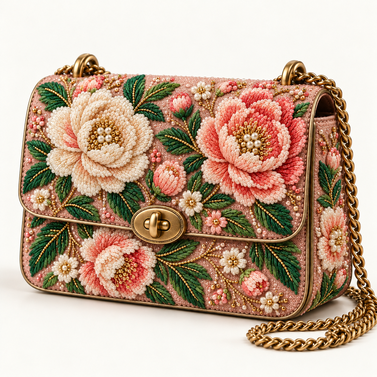 Pink floral bag with embroidered leaves, floral beading, pearl details and gold chain