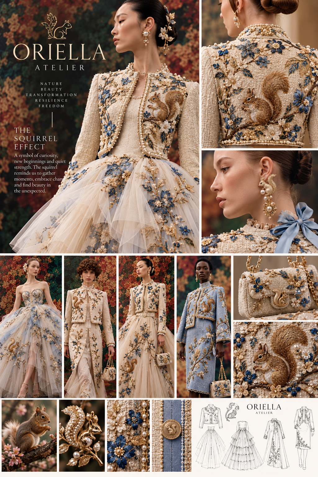 Oriella Atelier squirrel collection concept board featuring embroidered ivory and blue couture, accessories and sketches