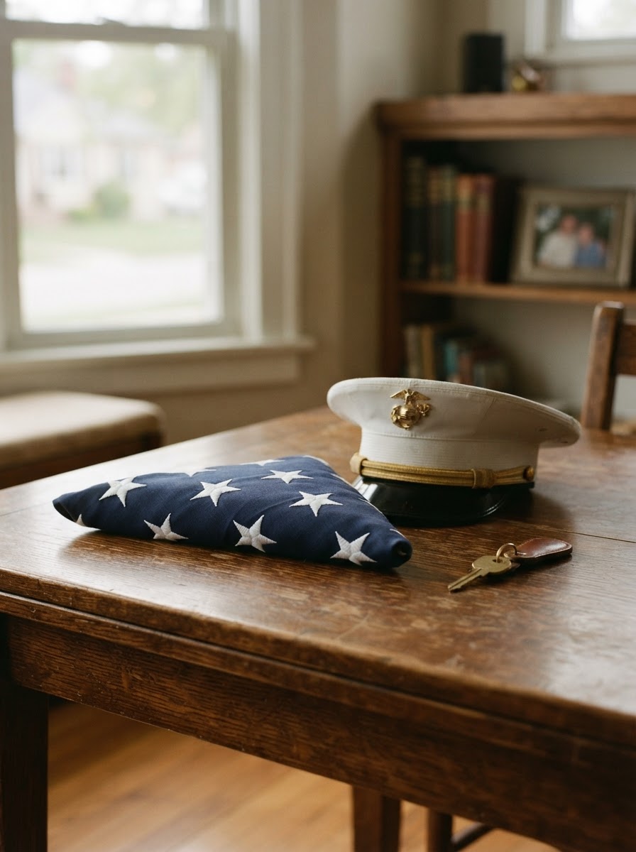 A folded American flag and Marine Corps dress cap beside a house key, symbolizing veteran housing service