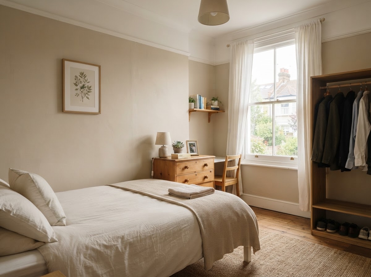 A clean, modest shared housing bedroom with a made bed and natural light