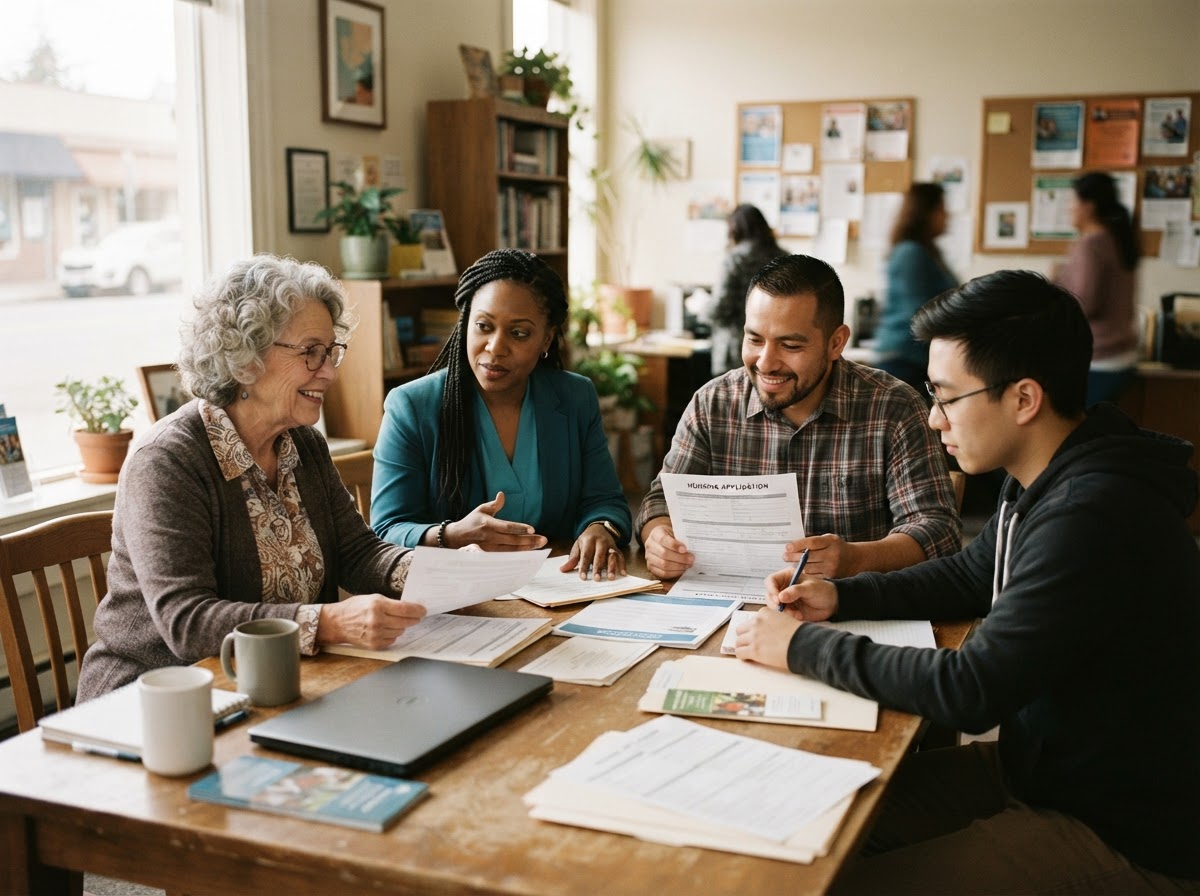 A diverse group of adults reviewing housing paperwork together in a community resource office