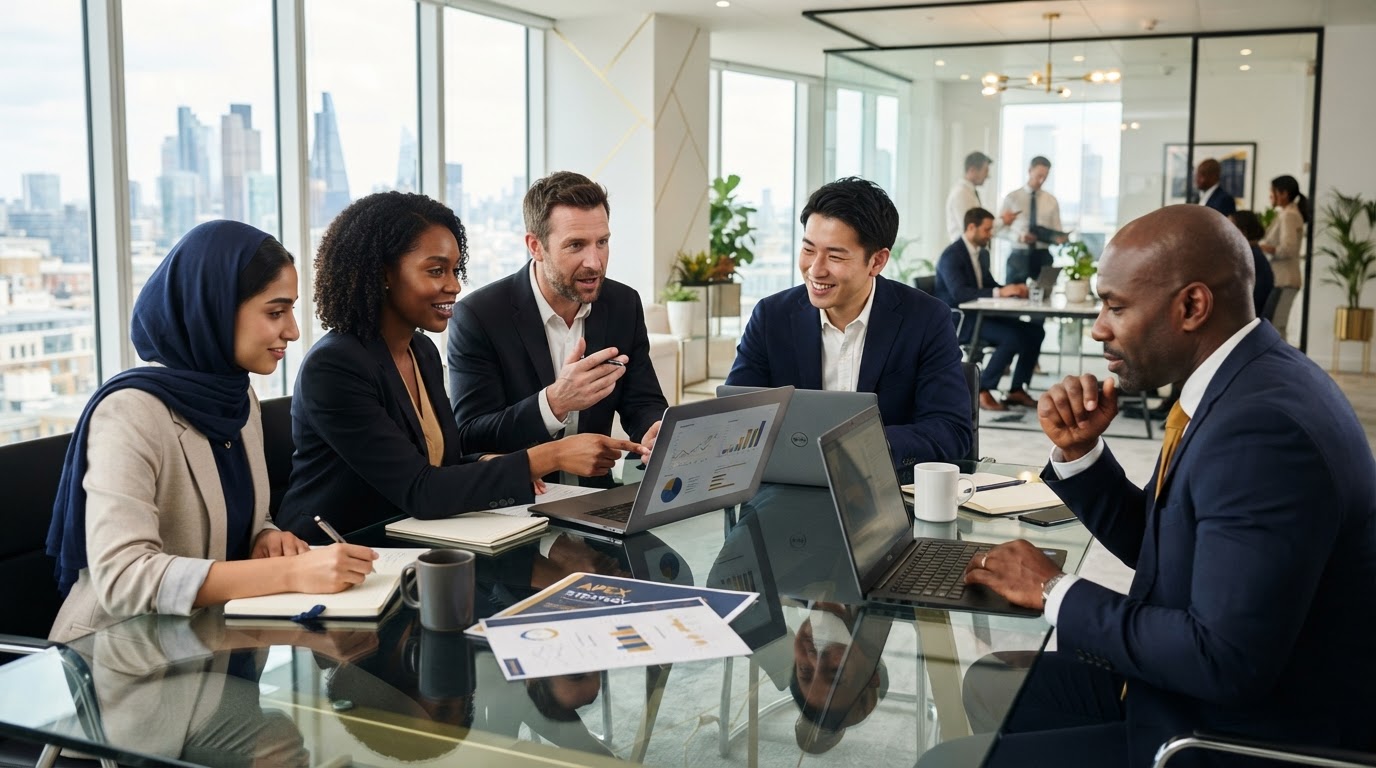 Business consulting team collaborating in a modern office