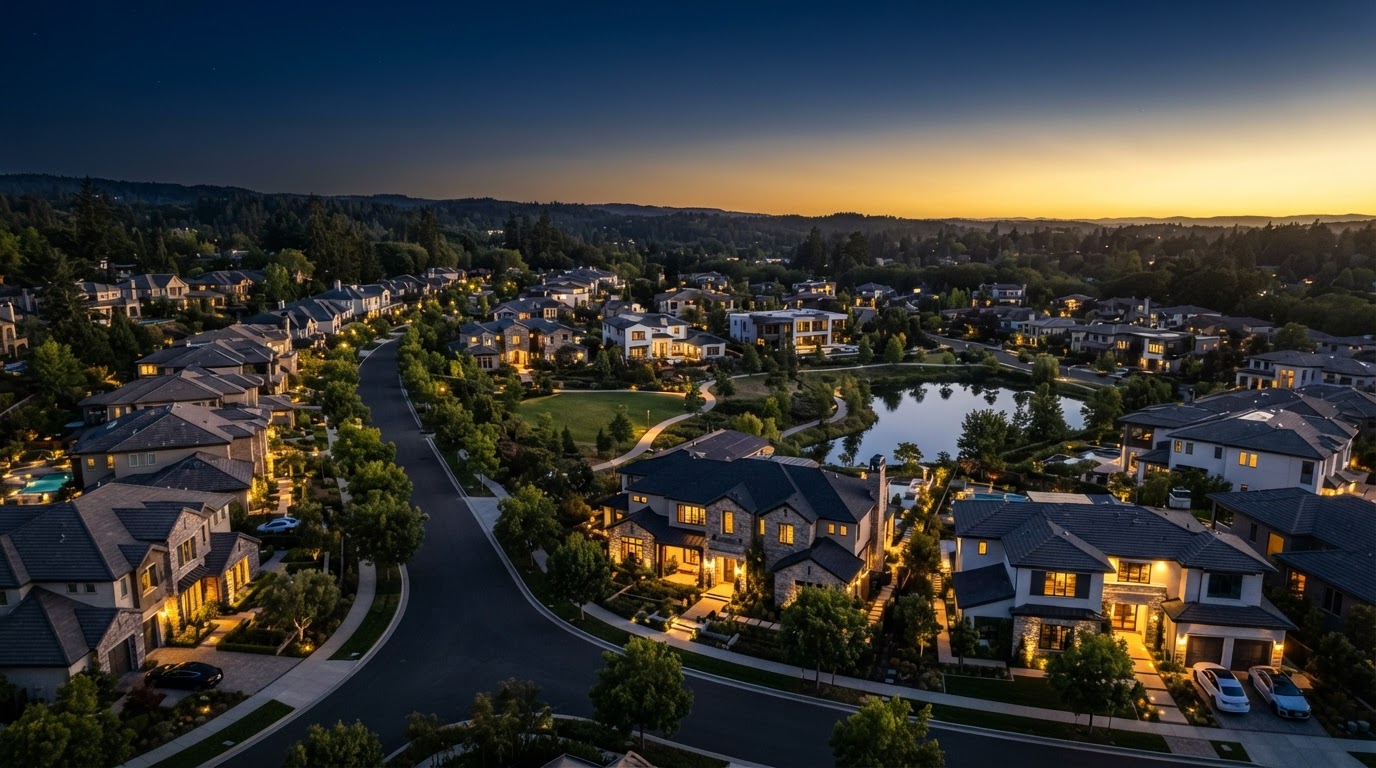 Upscale suburban neighborhood at twilight