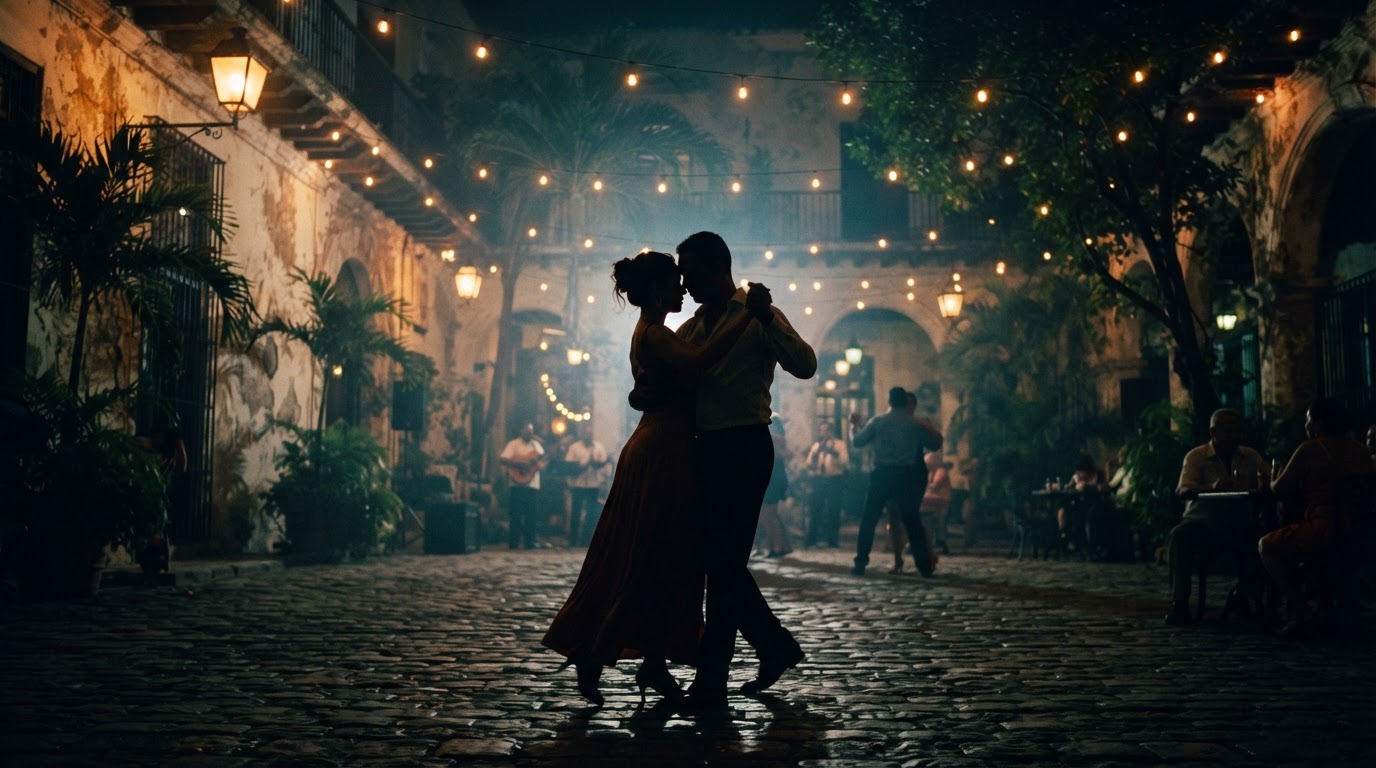 A couple dancing close together under warm string lights on a dim Havana night, colonial architecture glowing softly behind them