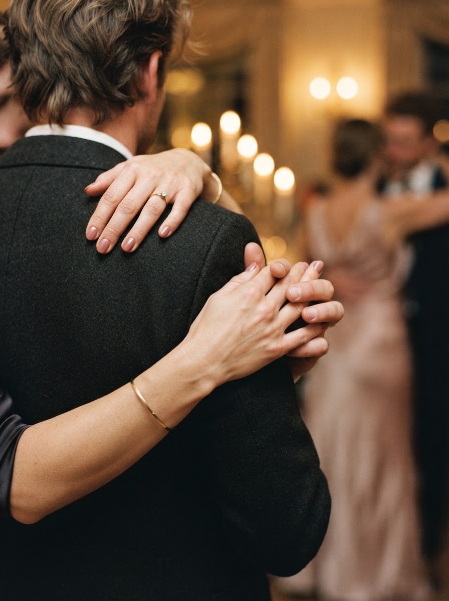A couple's hands gently intertwined while slow dancing in warm candlelight