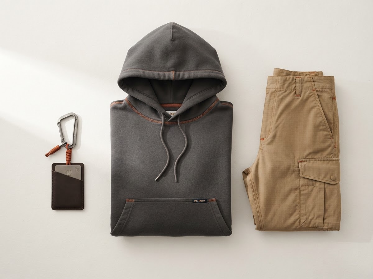Flat lay of heavyweight hoodie, ripstop cargos, and EDC accessories