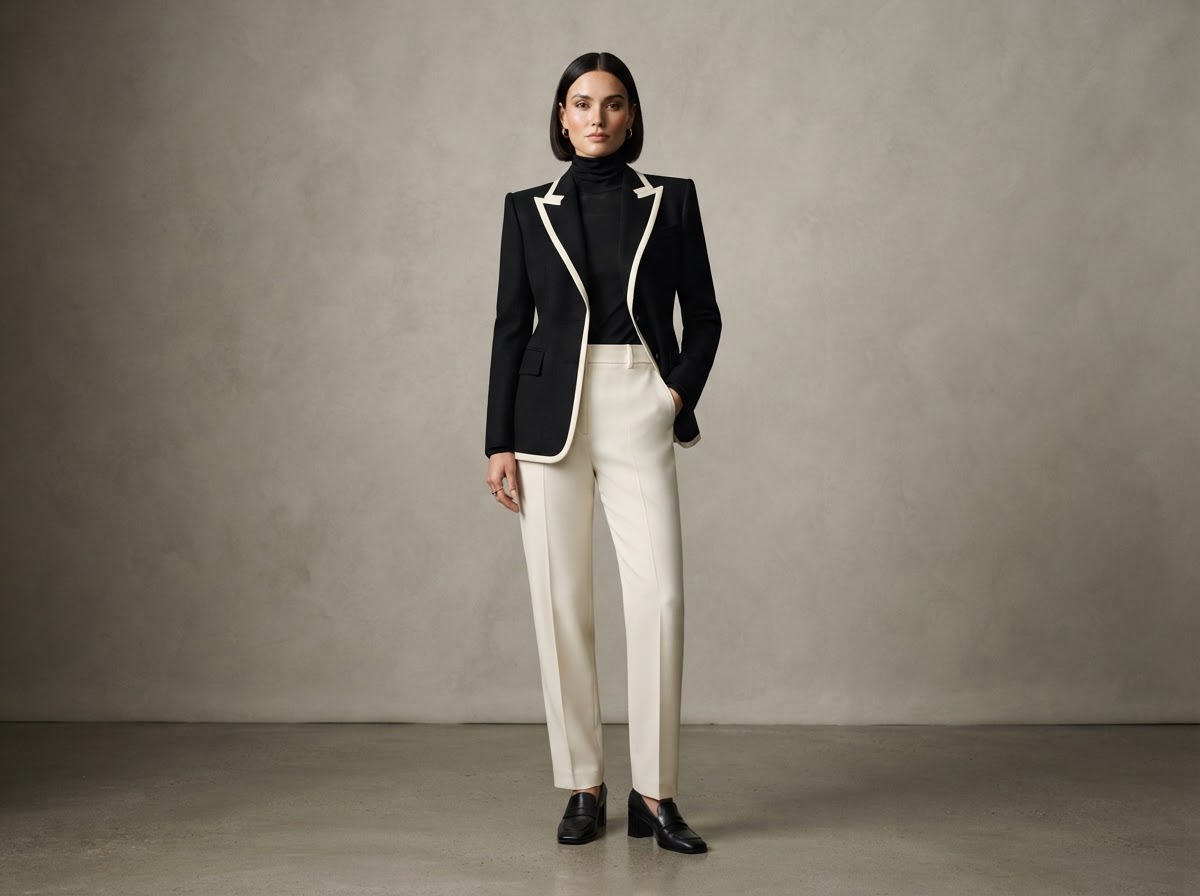 A model in a sharply tailored ivory and black outfit under soft studio light