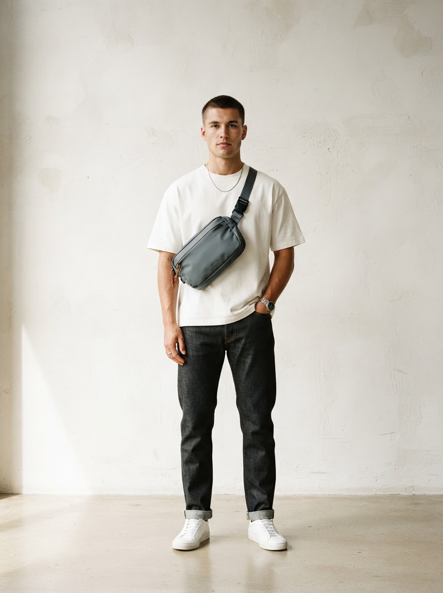 Model in heavyweight boxy tee and Cordura commuter sling