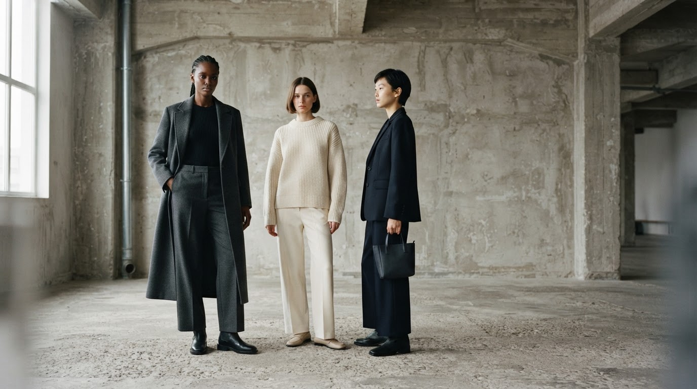 Three models wearing the monochrome A/W capsule in a raw concrete studio