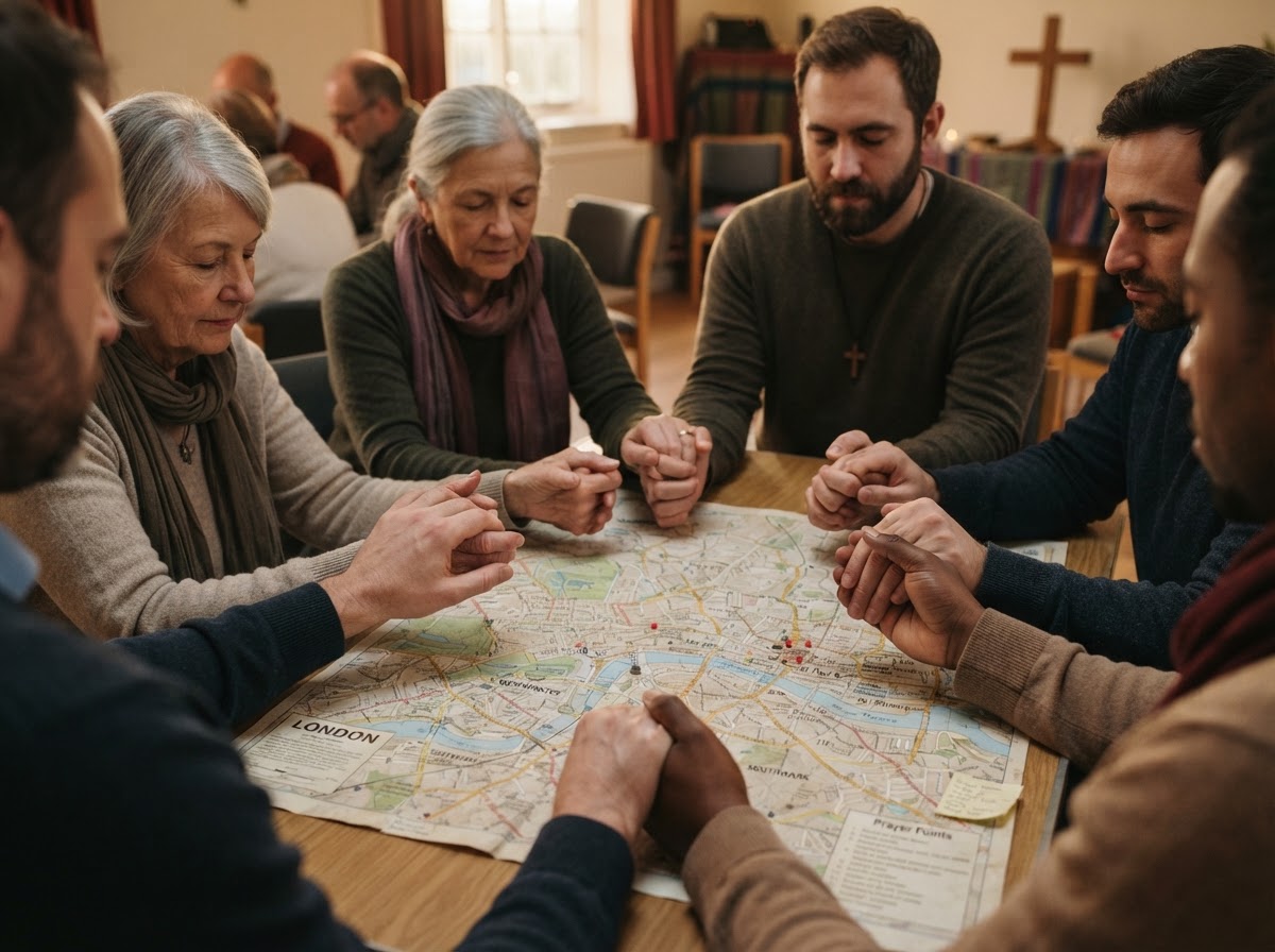Hands joined together in a circle of prayer over a city map