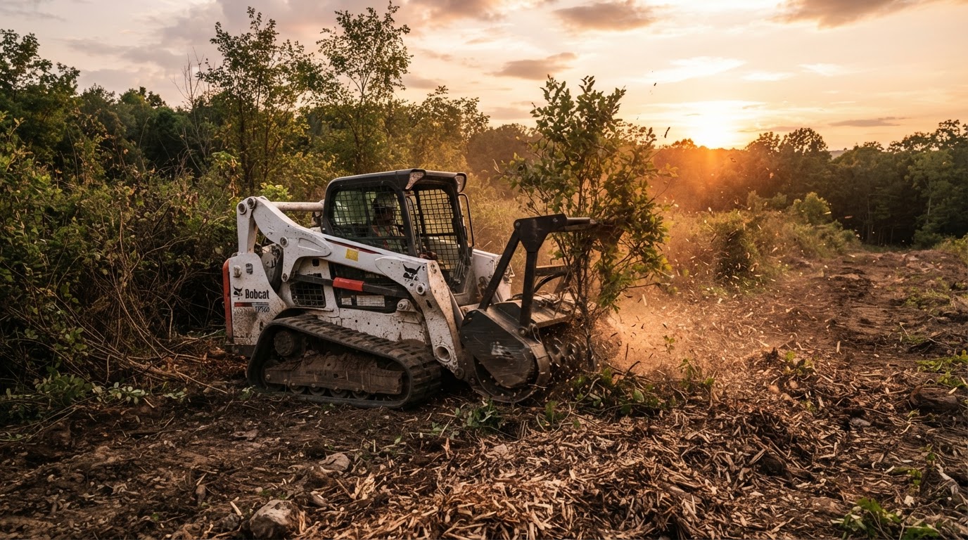 Bobcat skid steer with a forestry mulching head attachment clearing overgrown brush and trees on a parcel of land at golden hour
