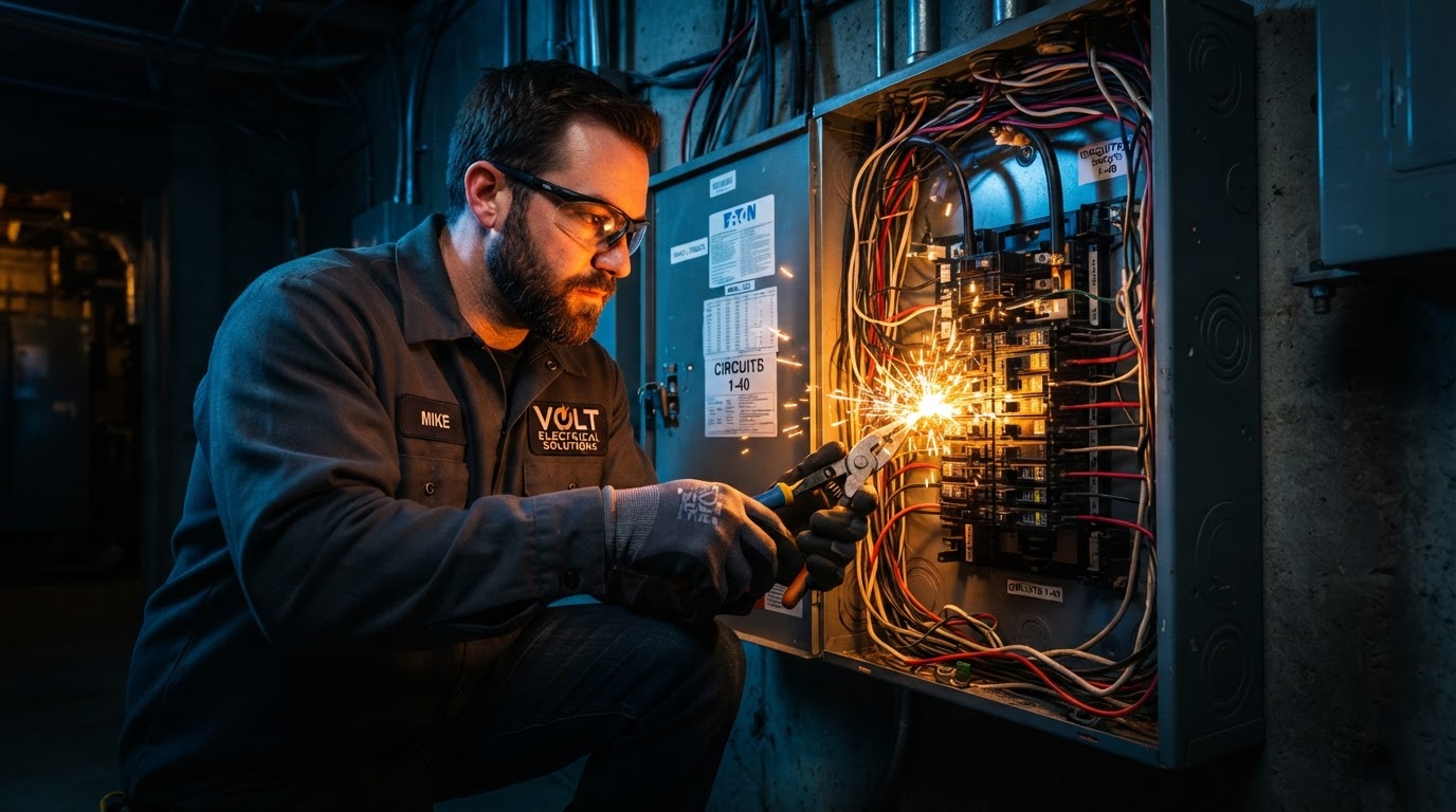 Master electrician working on electrical panel with warm amber glow