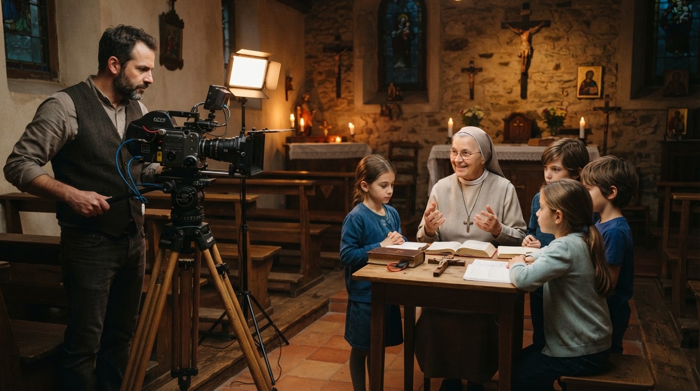 Film camera recording a Catholic catechism lesson in a chapel