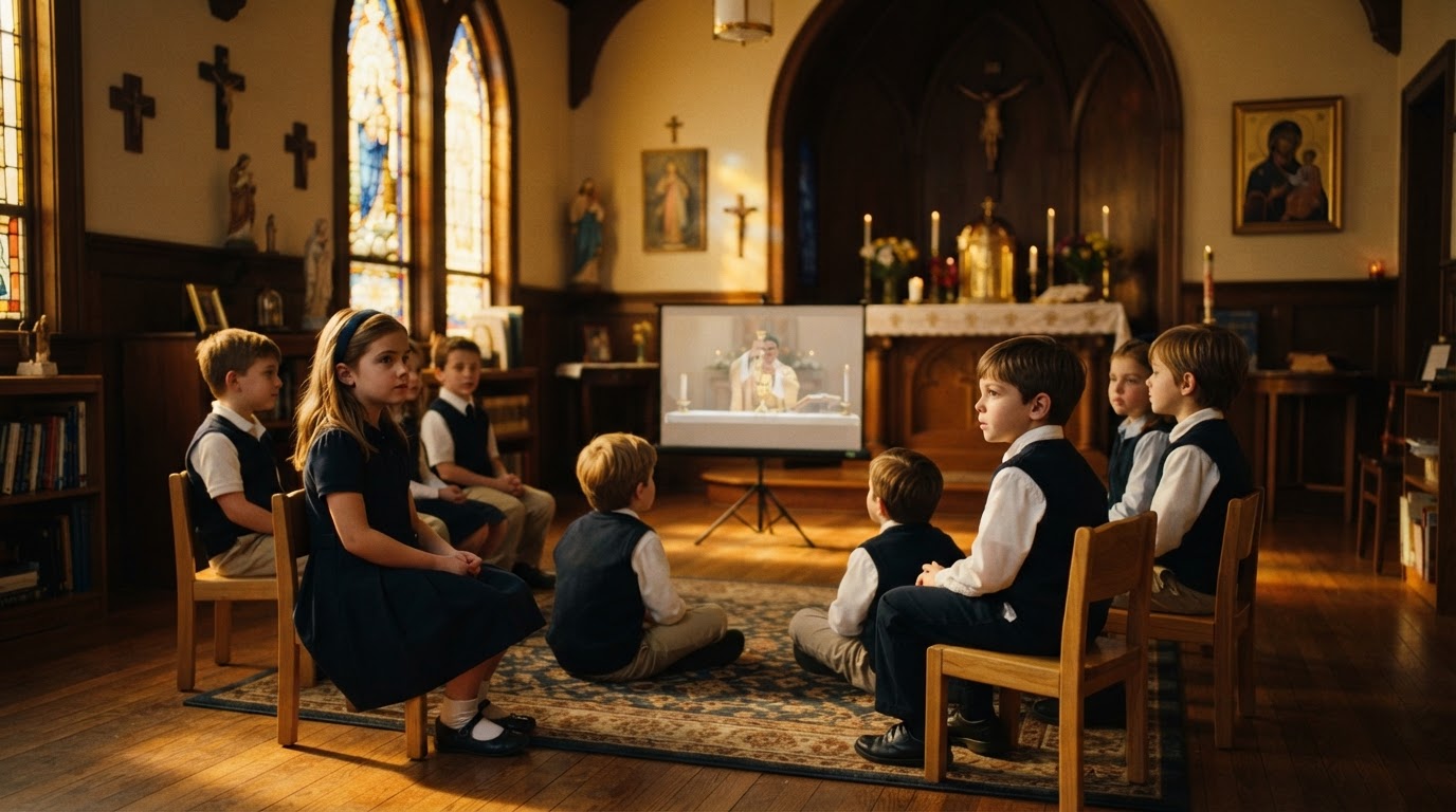 Children watching a Catholic Mass formation video in a chapel classroom