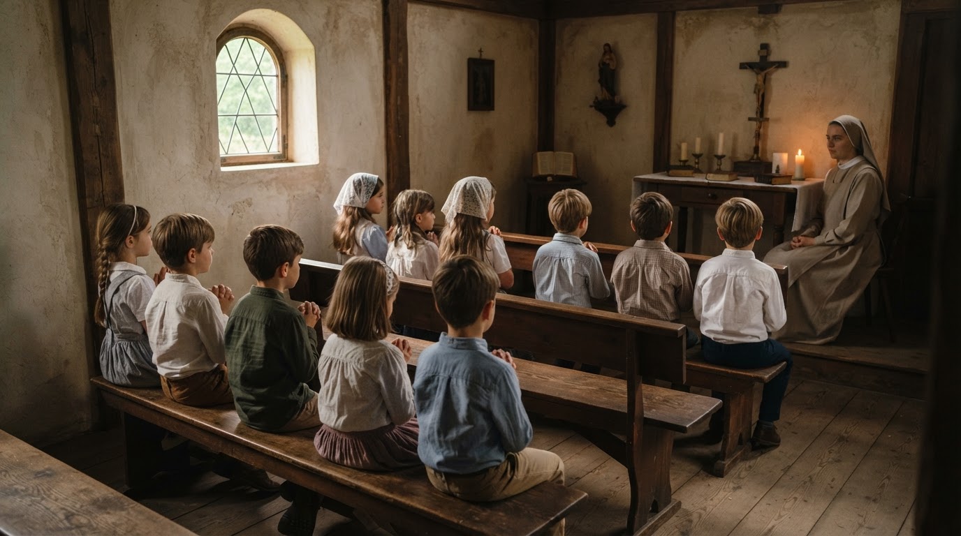 Children sitting attentively in a chapel classroom looking toward the altar