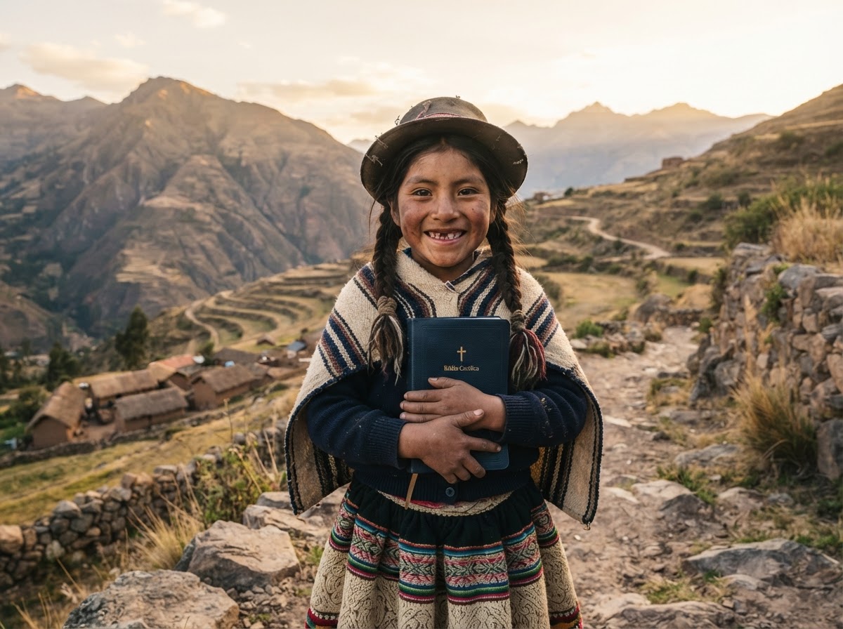 Child in the Andes highlands of Peru holding a Catholic Bible