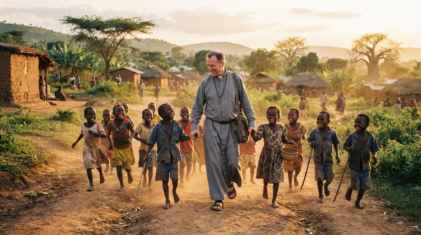 A Catholic missionary priest walking with children in a rural African village