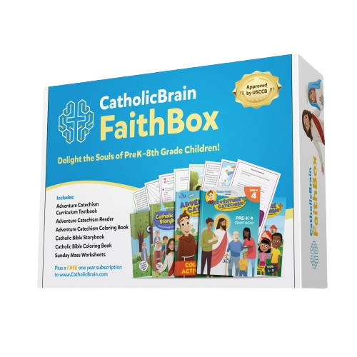 Catholic Faith Box with a children's Bible, prayer cards, and rosary