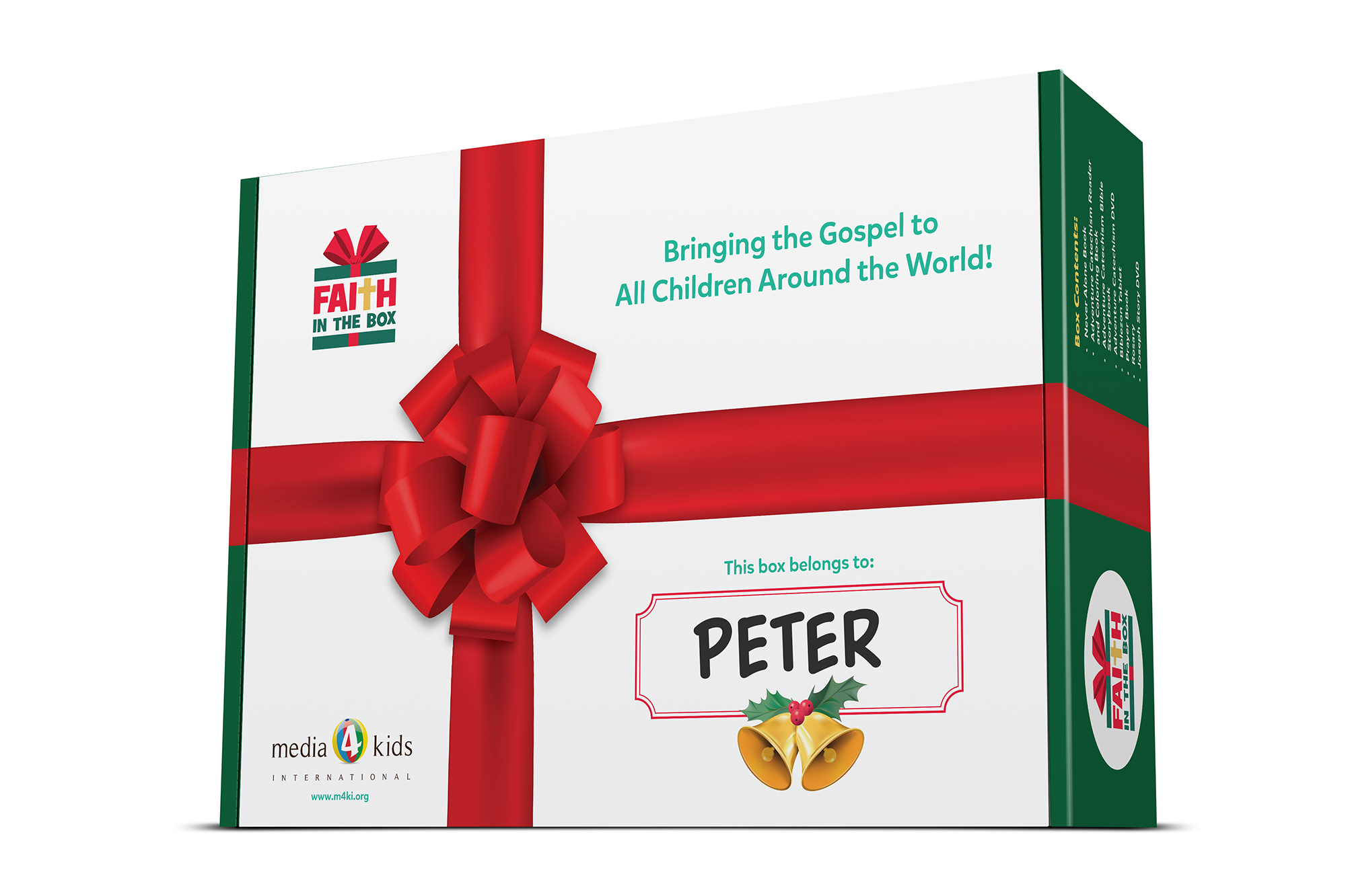 Faith in the Box packaging with Adventure Catechism, Bible, rosary, and tablet for elementary children