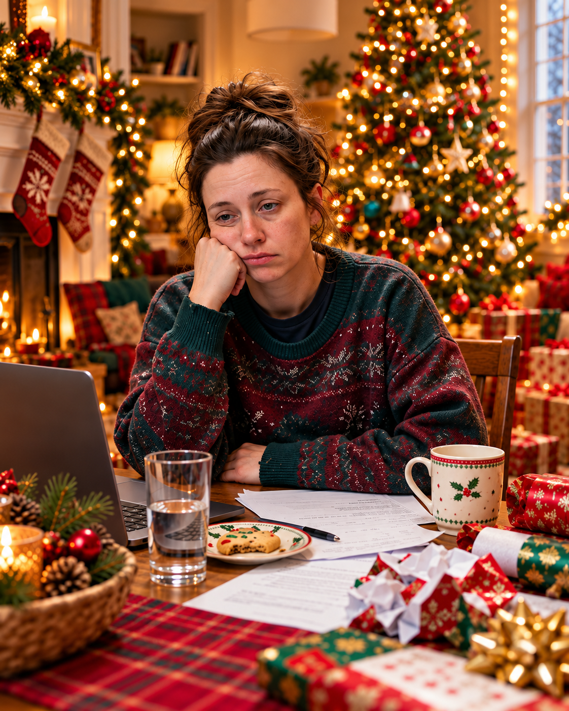 Exhausted woman sitting at holiday table with laptop, papers, and Christmas tree