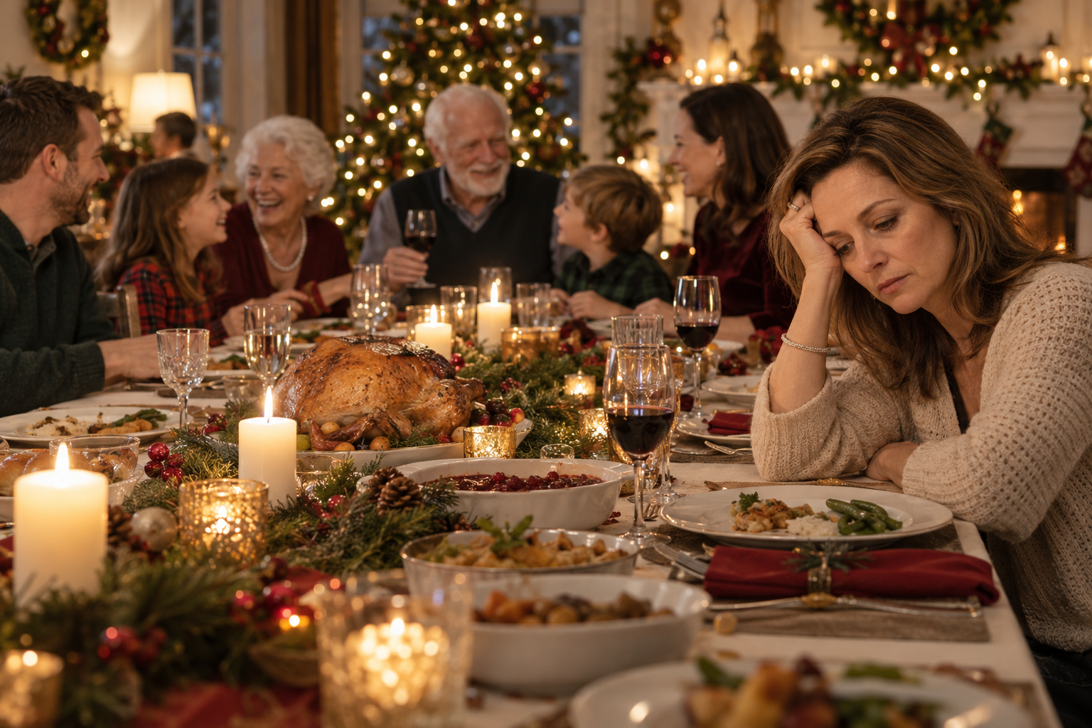 Exhausted woman at crowded holiday family dinner table