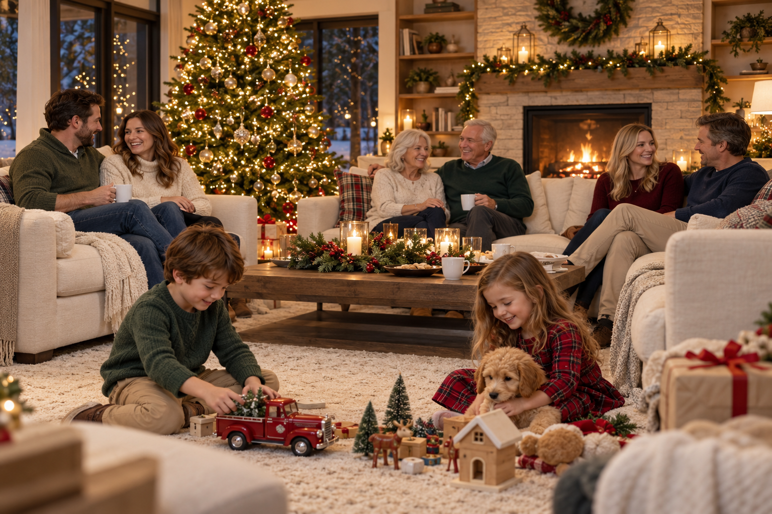 Family warmly gathered around the Christmas tree and fireplace enjoying the holidays
