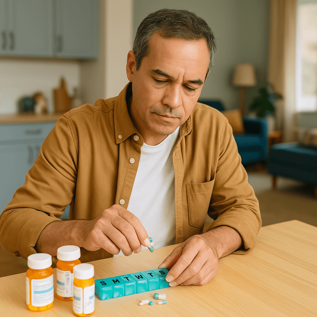 A man counting pills for his loved one on hospice.