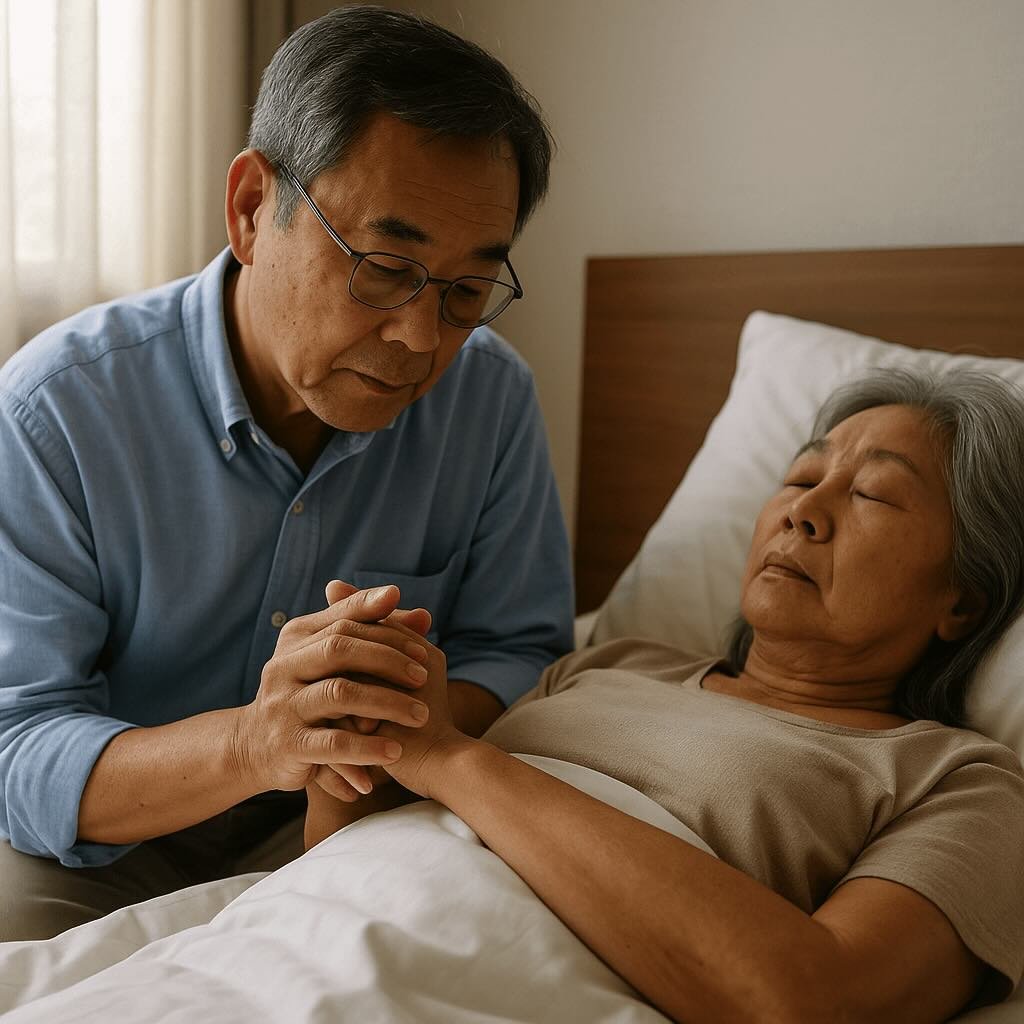 A man holding his wife's hands. She is on hospice due to cancer.
