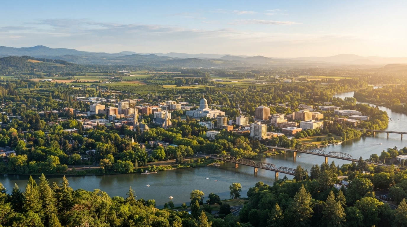 Salem Oregon cityscape and Willamette River valley